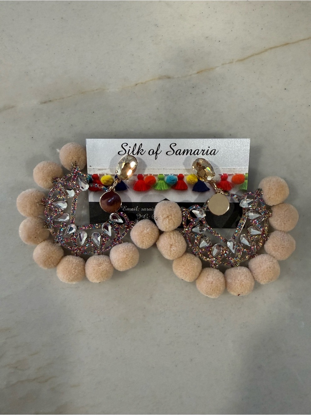 Beige Pom Pom Crystal Hoop Earrings
